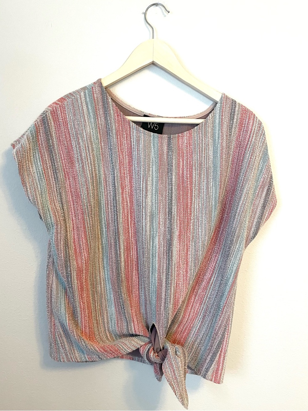 W5 - Pastel Rainbow Striped Tie Front Top - Candy Knit Blouse - Size L Fits M